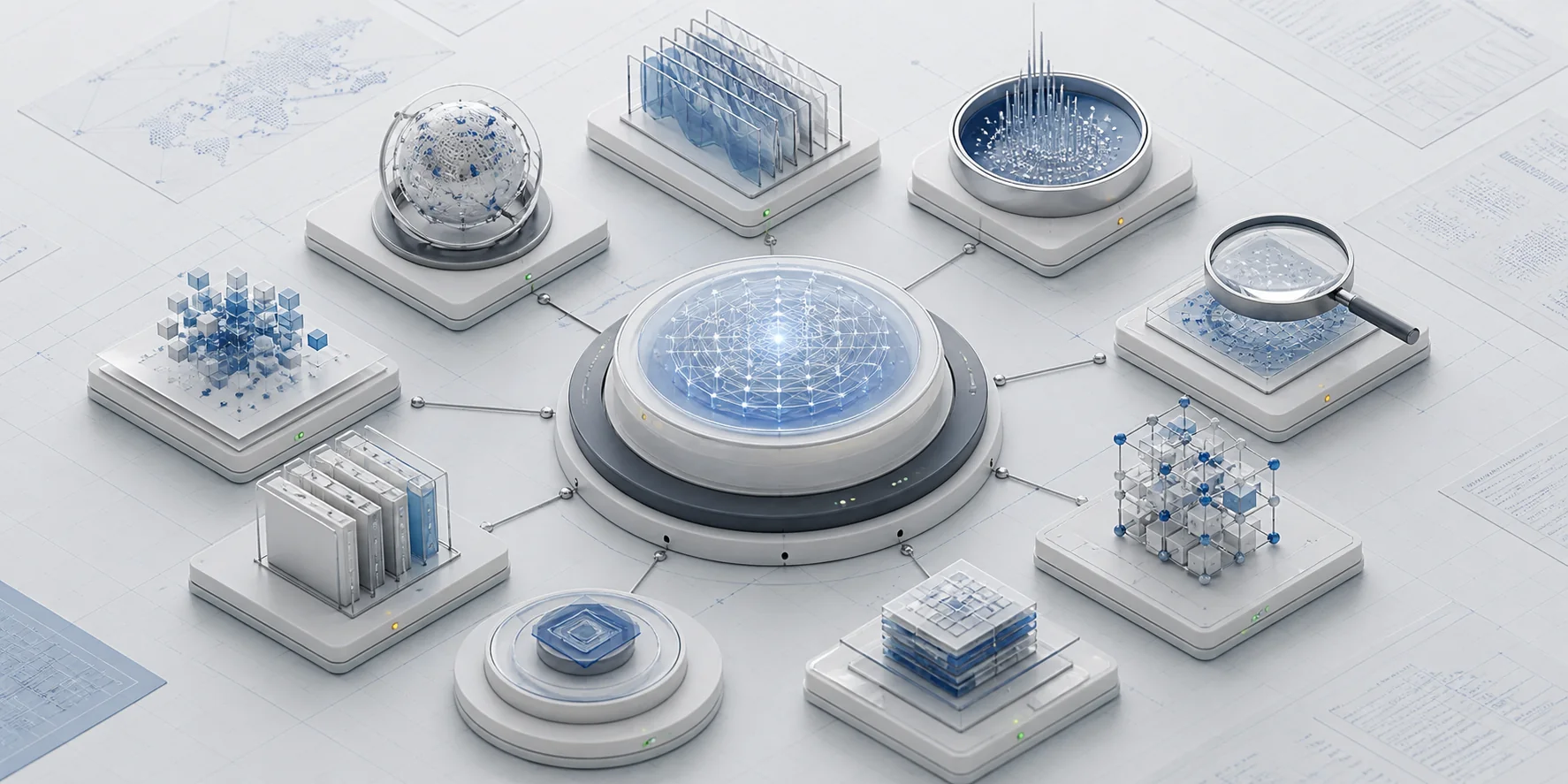 Conceptual instrument field showing specialist capabilities connected to one governed platform core.