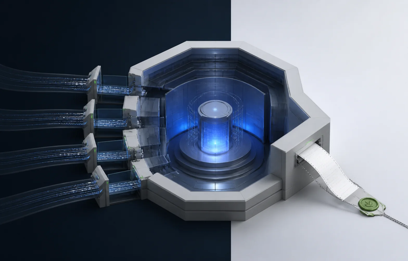 Cutaway of a customer-controlled environment where the security decision and evidence remain inside the boundary and a prohibited external route terminates at its edge.